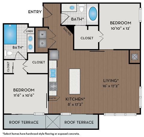 Floor plan for 2 beds, 2 baths, 1095 sqft